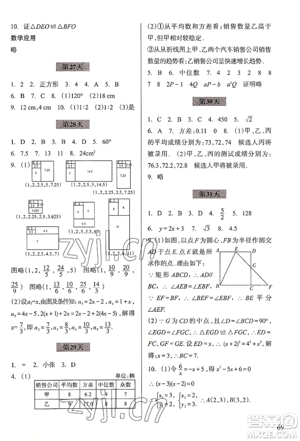 浙江科學技術出版社2022暑假作業(yè)八年級數(shù)學通用版參考答案