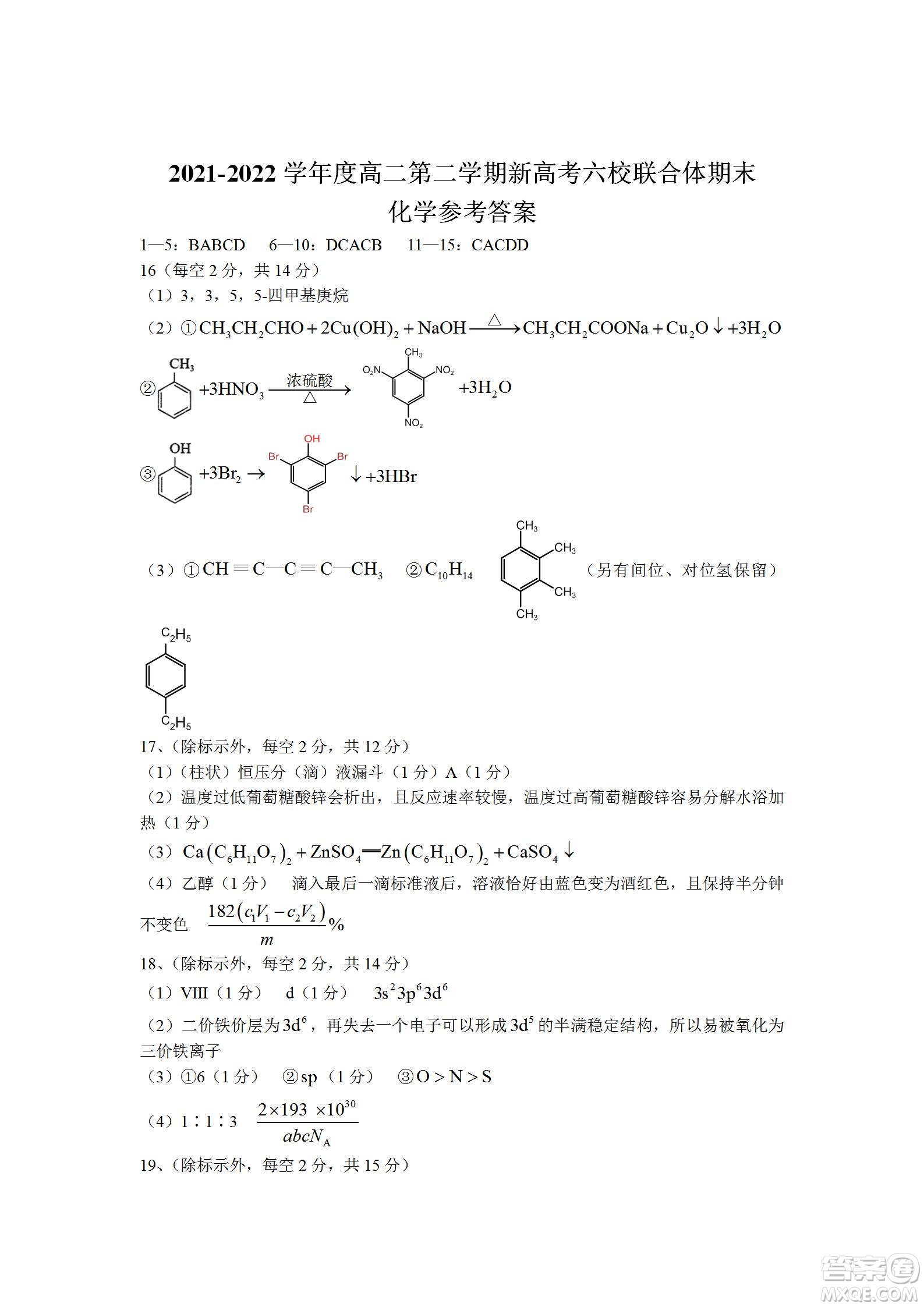 湖北省武漢市2021-2022學(xué)年度第二學(xué)期新高考聯(lián)合體期末試卷高二化學(xué)試題及答案