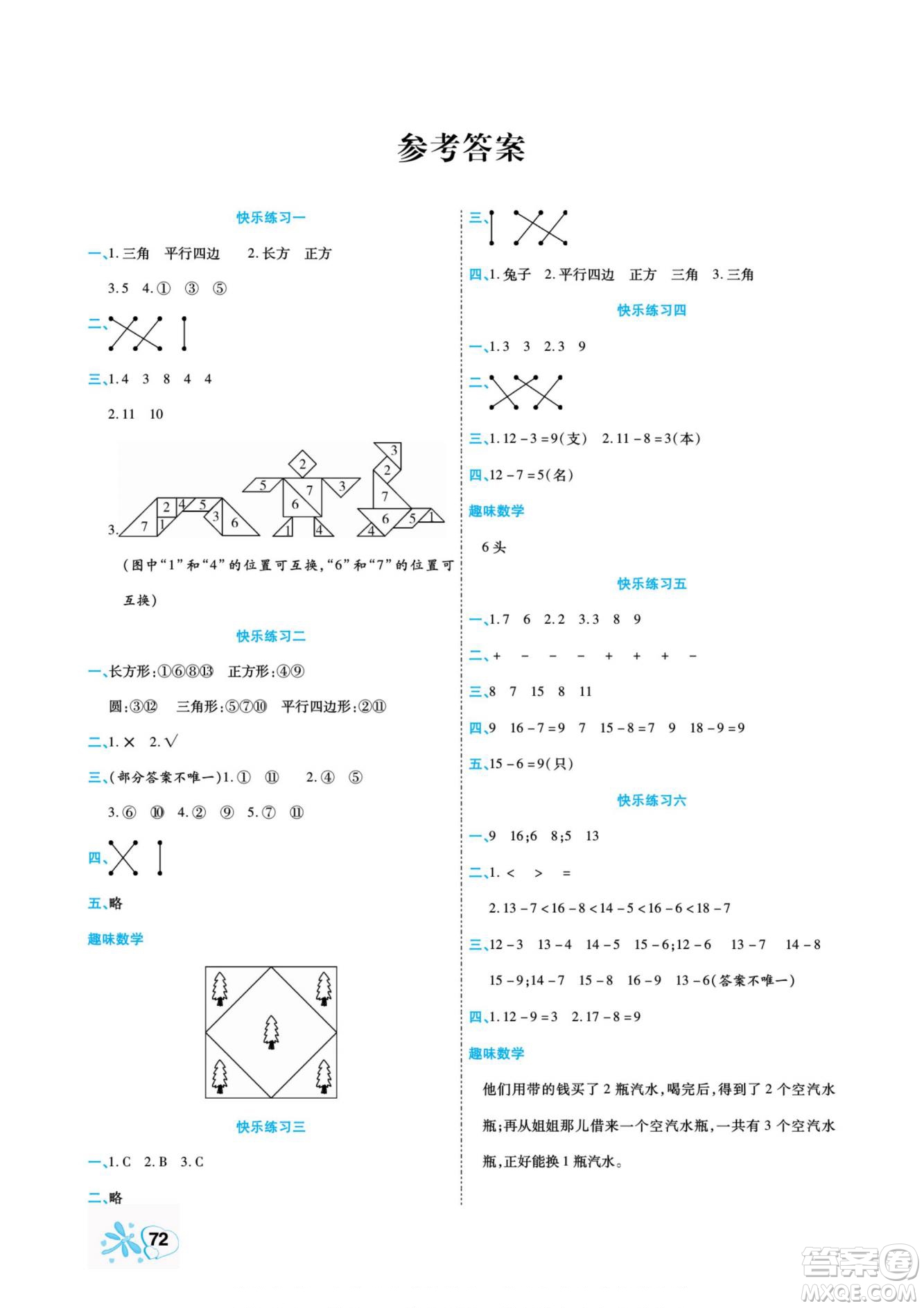 云南美術出版社2022快樂假期銜接優(yōu)化訓練暑假作業(yè)數(shù)學1升2人教版答案