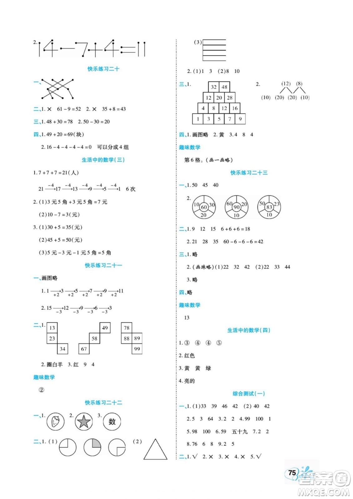 云南美術出版社2022快樂假期銜接優(yōu)化訓練暑假作業(yè)數(shù)學1升2人教版答案