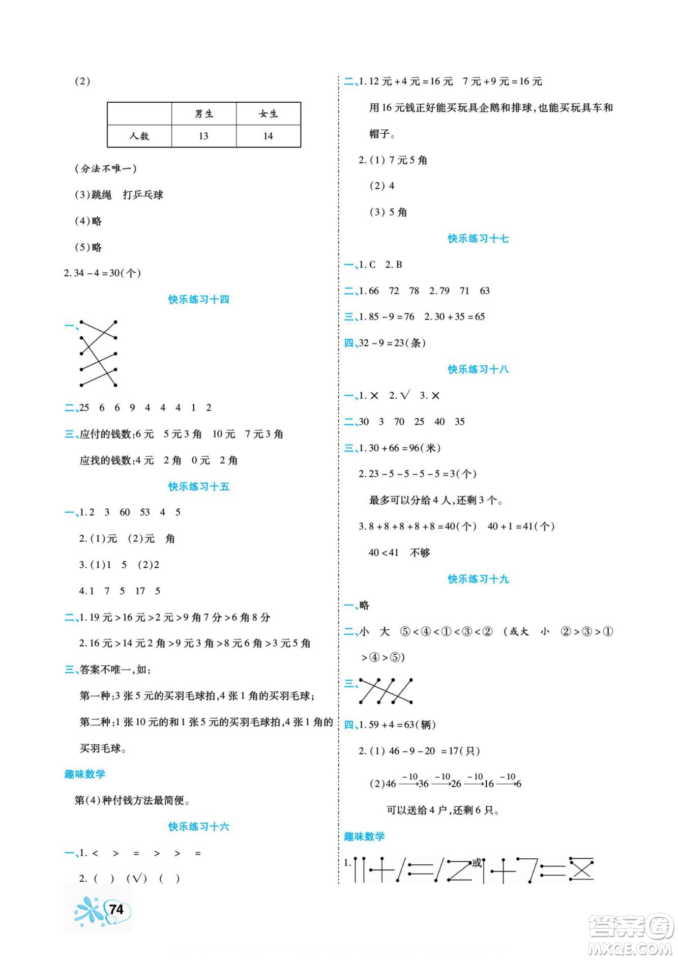 云南美術出版社2022快樂假期銜接優(yōu)化訓練暑假作業(yè)數(shù)學1升2人教版答案