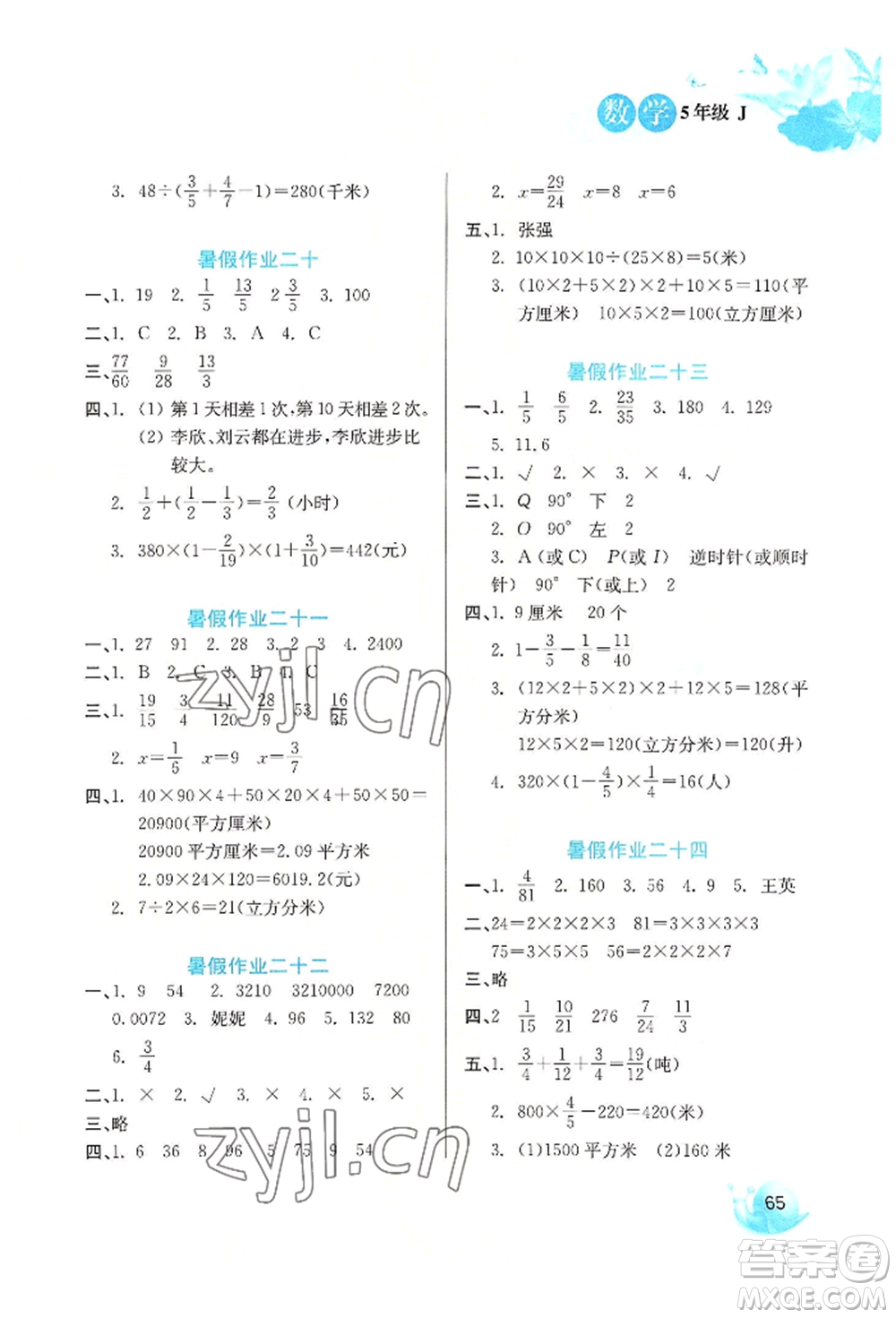 河北美術(shù)出版社2022暑假生活五年級(jí)數(shù)學(xué)冀教版參考答案