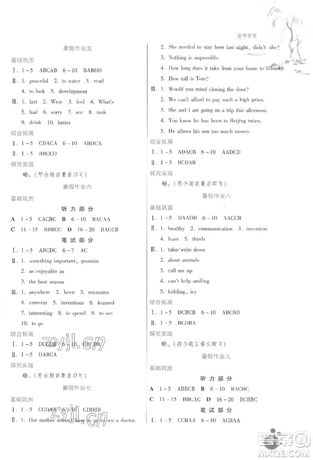 貴州人民出版社2022暑假作業(yè)八年級(jí)英語(yǔ)人教版參考答案