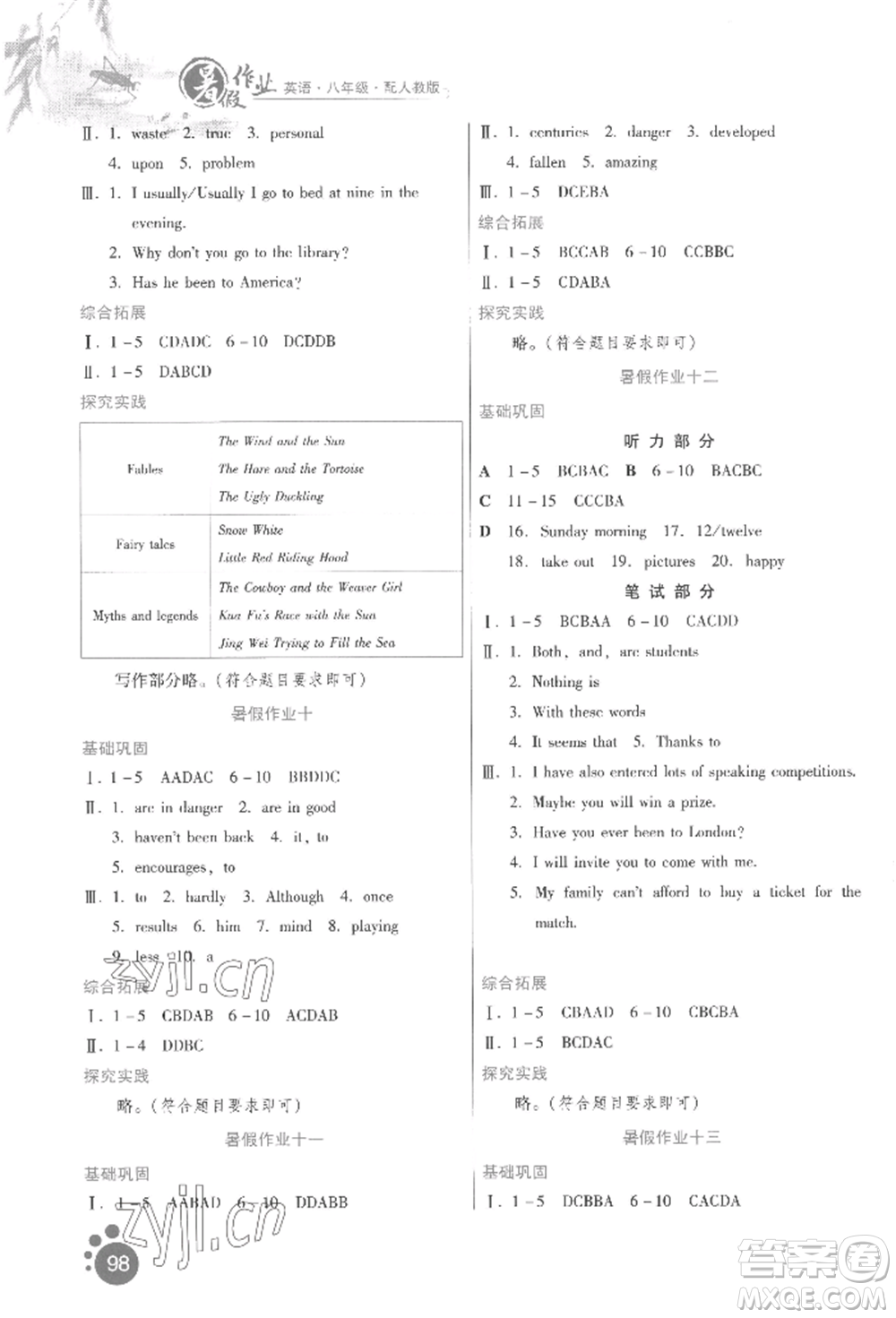 貴州人民出版社2022暑假作業(yè)八年級(jí)英語(yǔ)人教版參考答案