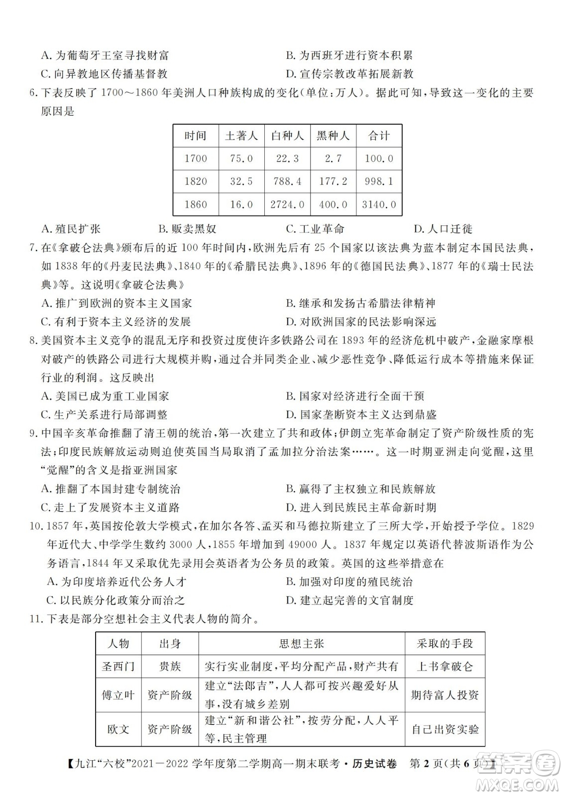 九江六校2021-2022學年度第二學期高一期末聯(lián)考歷史試題及答案