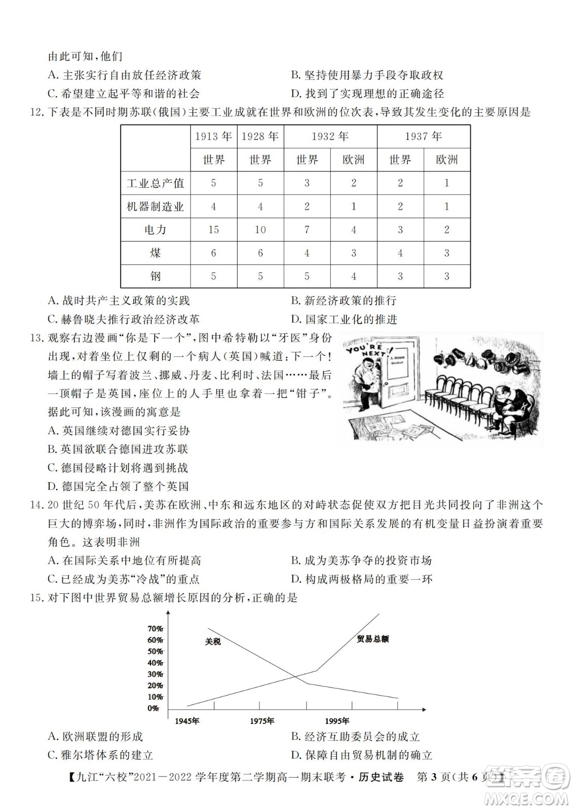 九江六校2021-2022學年度第二學期高一期末聯(lián)考歷史試題及答案