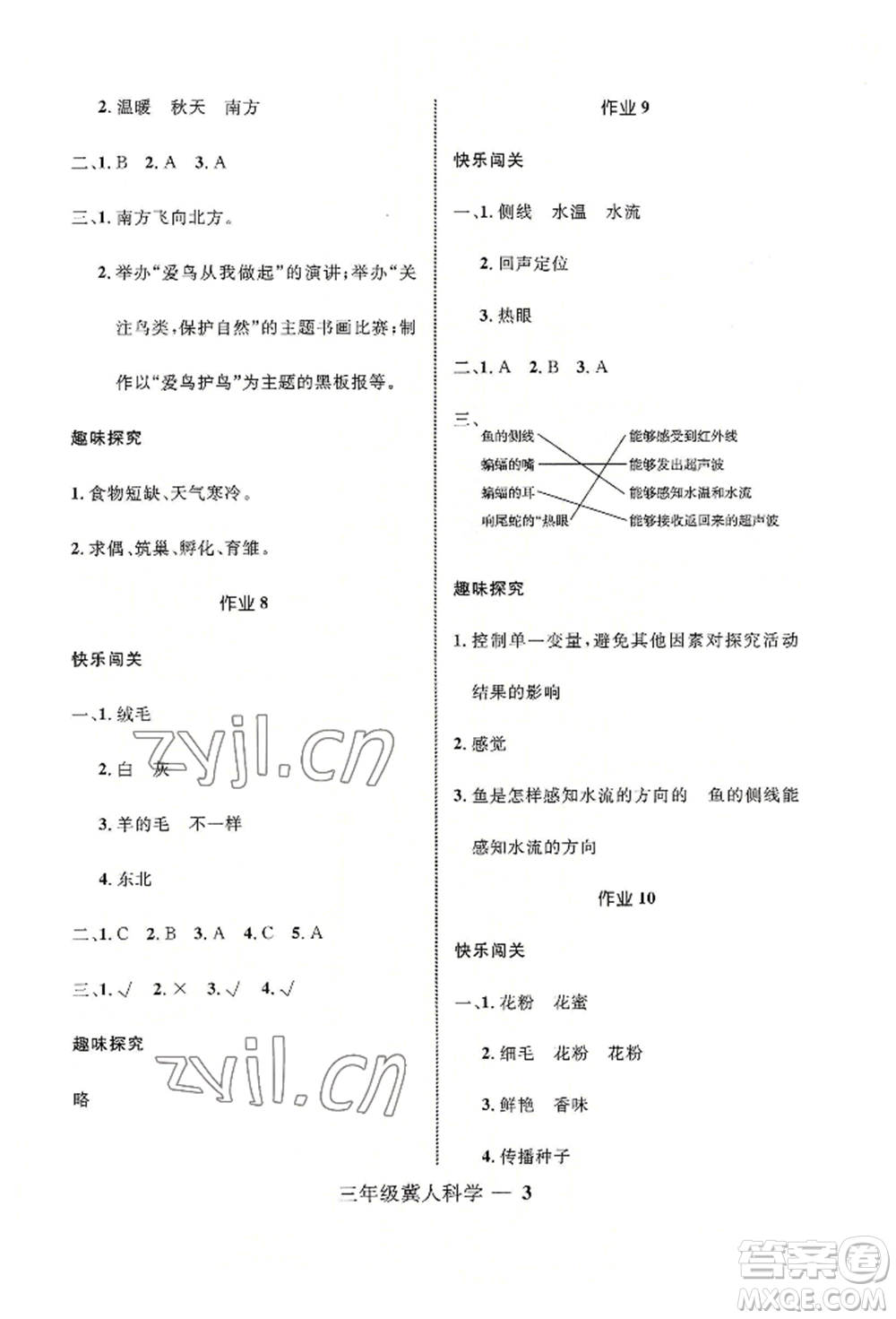 河北少年兒童出版社2022贏在起跑線小學(xué)生快樂(lè)暑假三年級(jí)科學(xué)冀人版參考答案