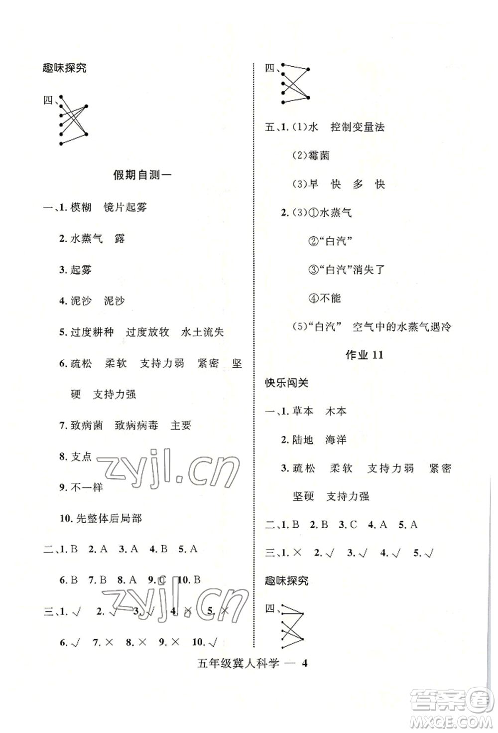 河北少年兒童出版社2022贏在起跑線小學生快樂暑假五年級科學冀人版參考答案