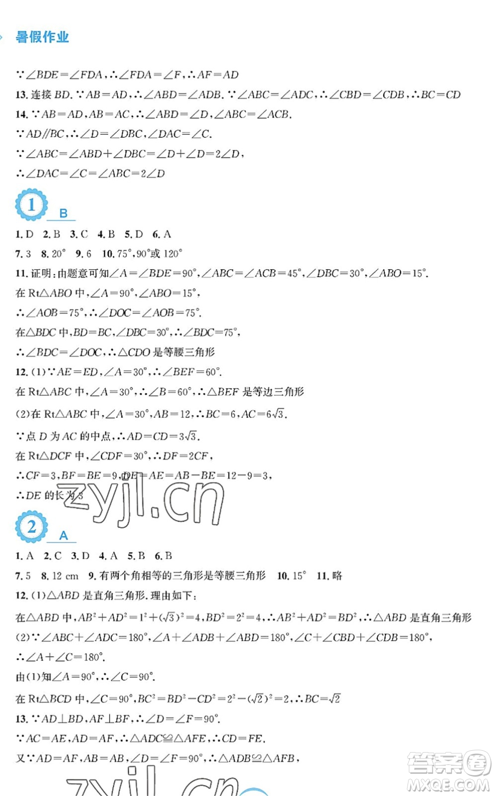 安徽教育出版社2022暑假作業(yè)八年級數學北師大版答案