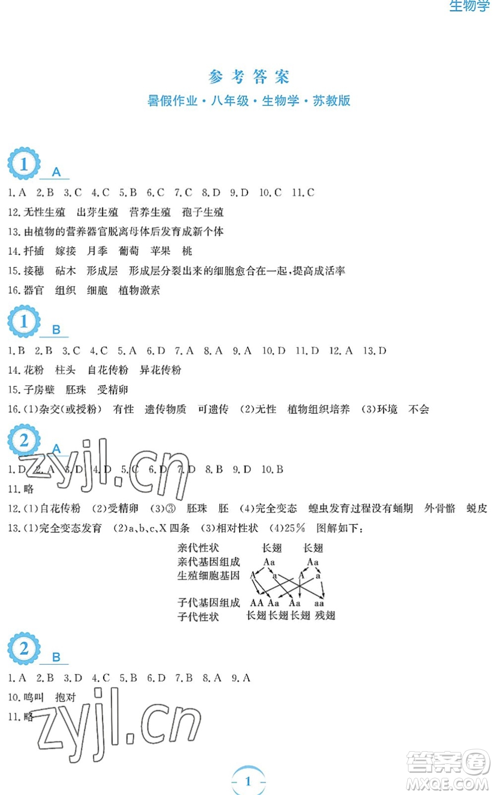 安徽教育出版社2022暑假作業(yè)八年級生物蘇教版答案