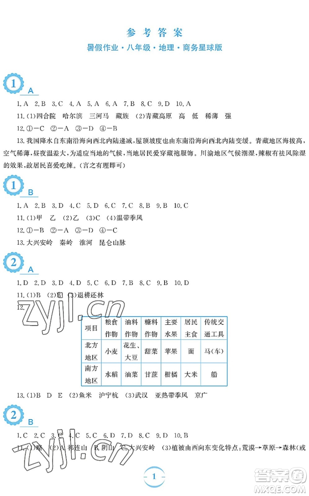 安徽教育出版社2022暑假作業(yè)八年級地理商務(wù)星球版答案