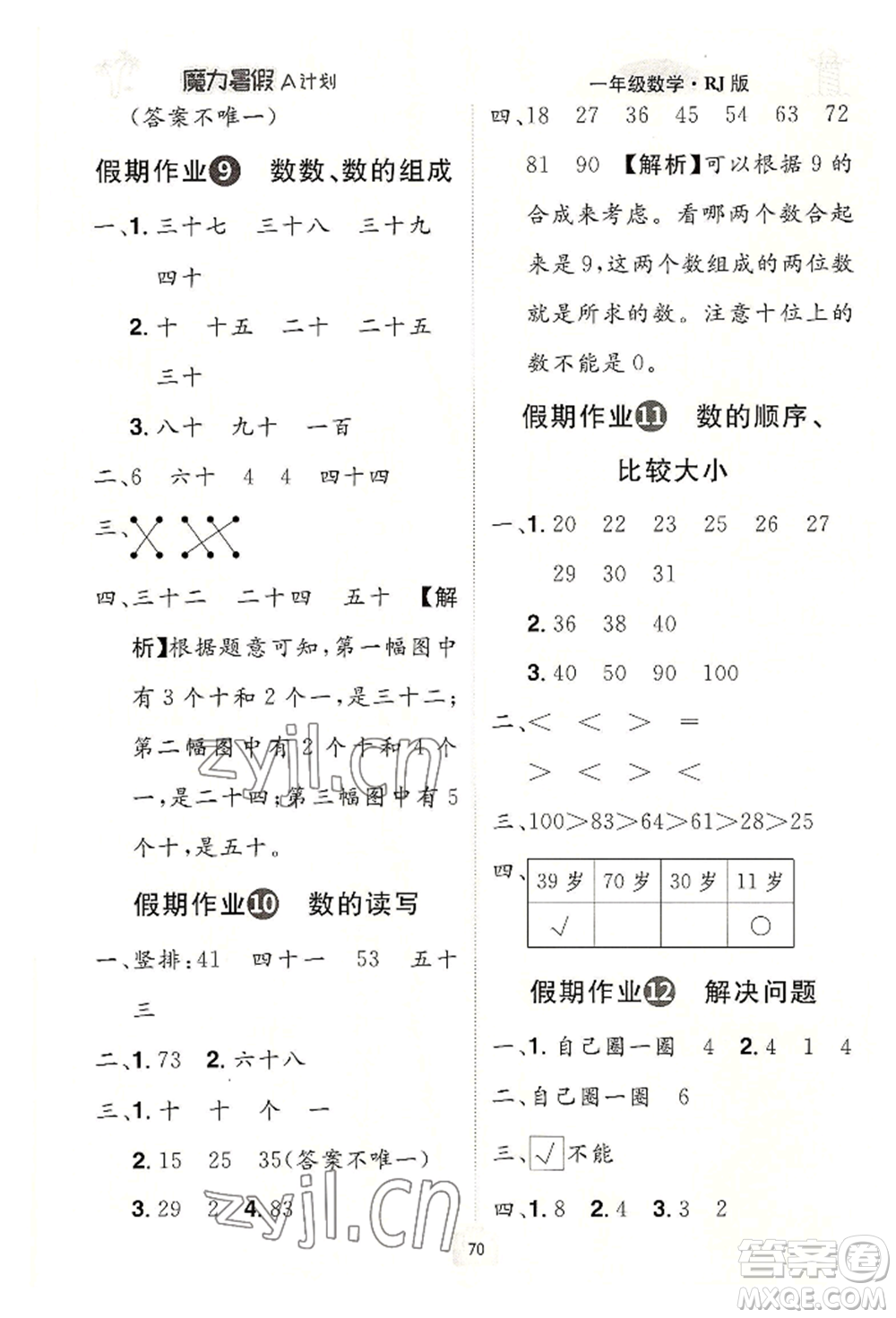 江西美術(shù)出版社2022魔力暑假A計(jì)劃一年級數(shù)學(xué)人教版參考答案