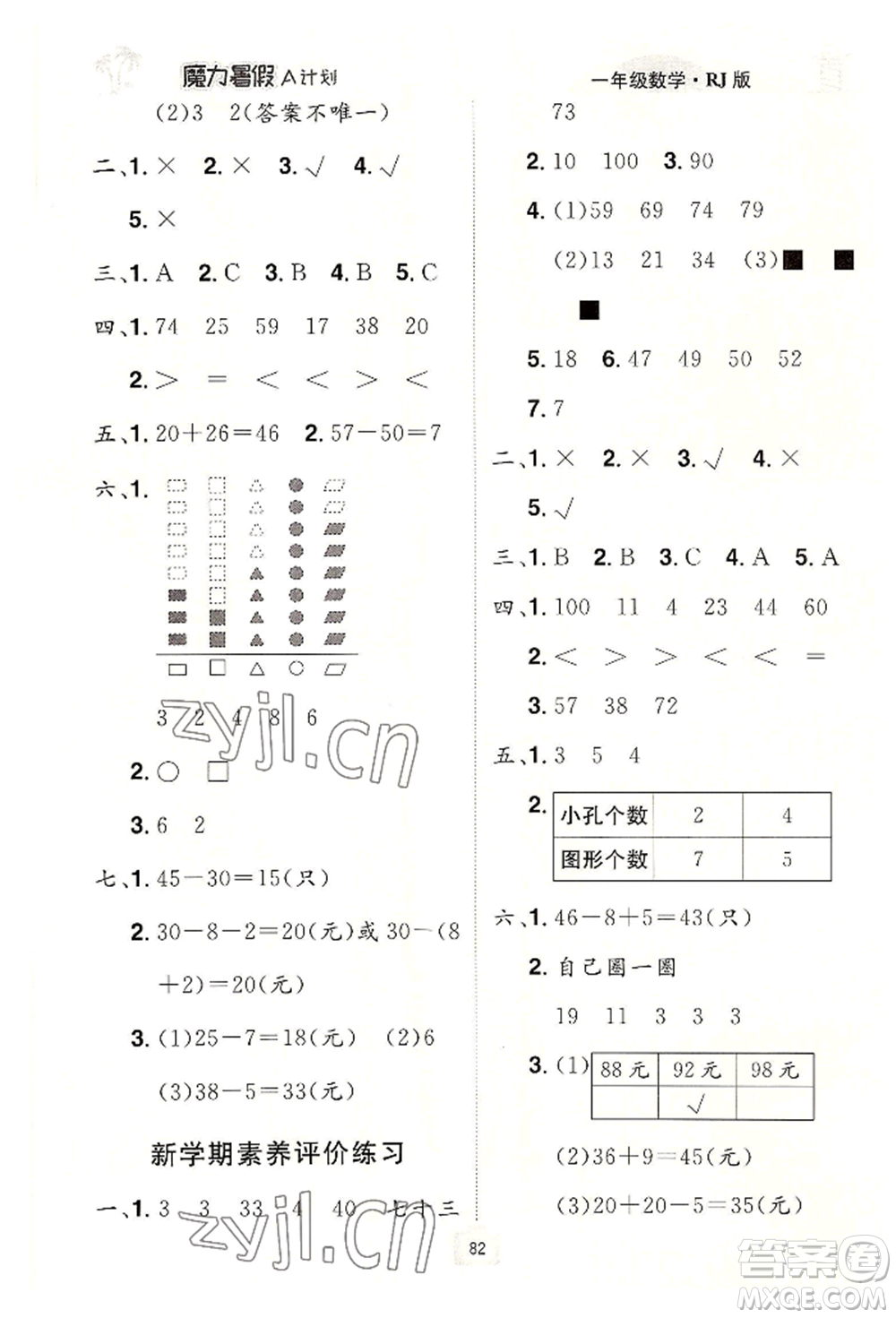 江西美術(shù)出版社2022魔力暑假A計(jì)劃一年級數(shù)學(xué)人教版參考答案