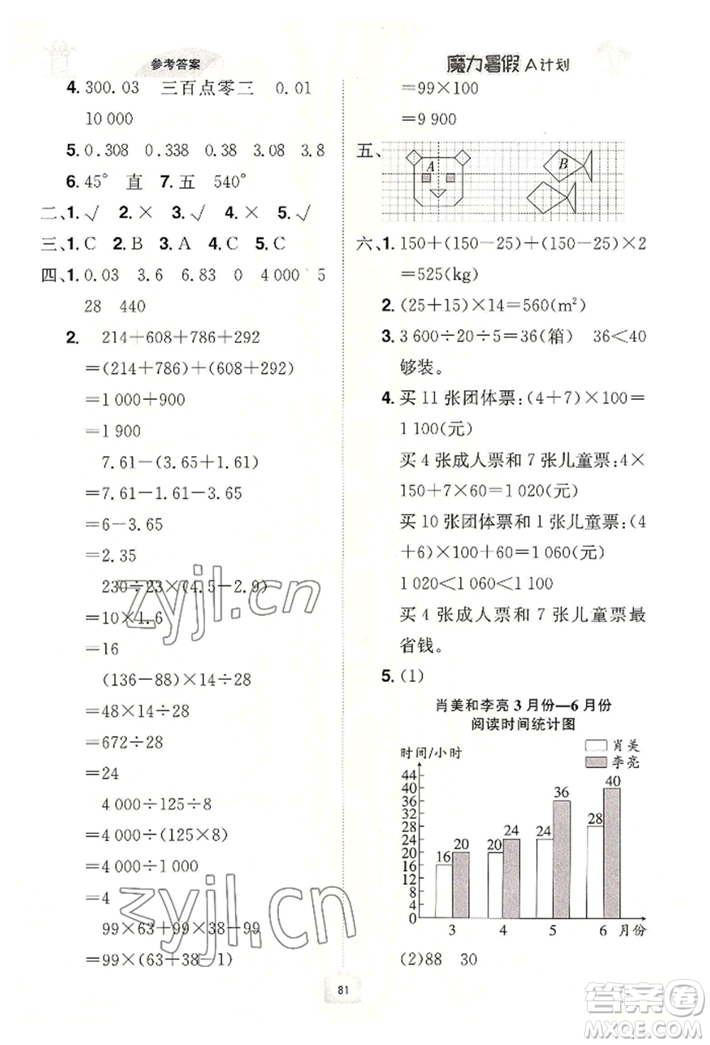 江西美術(shù)出版社2022魔力暑假A計(jì)劃四年級(jí)數(shù)學(xué)人教版參考答案