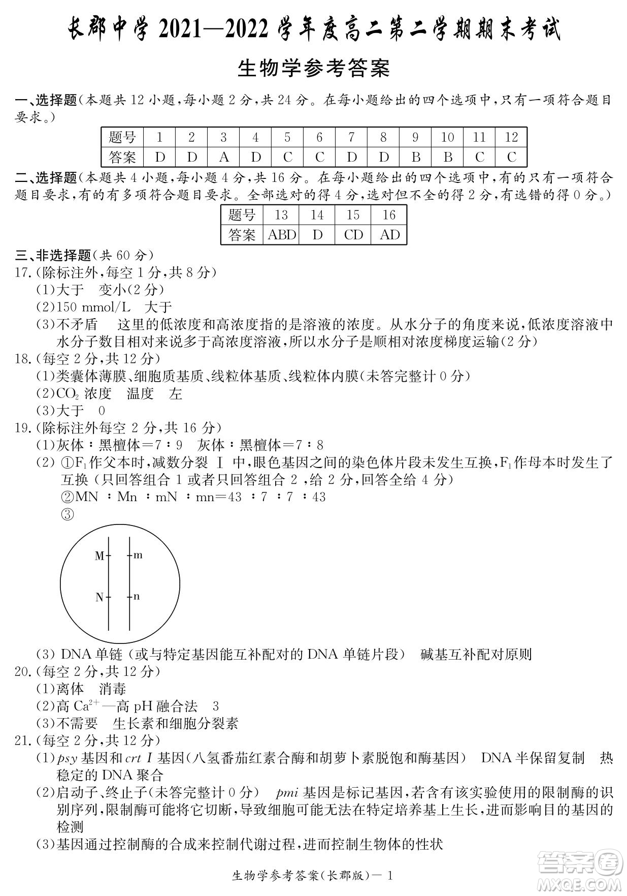 湖南省長郡中學(xué)2021-2022學(xué)年高二下學(xué)期期末考試生物試題及答案