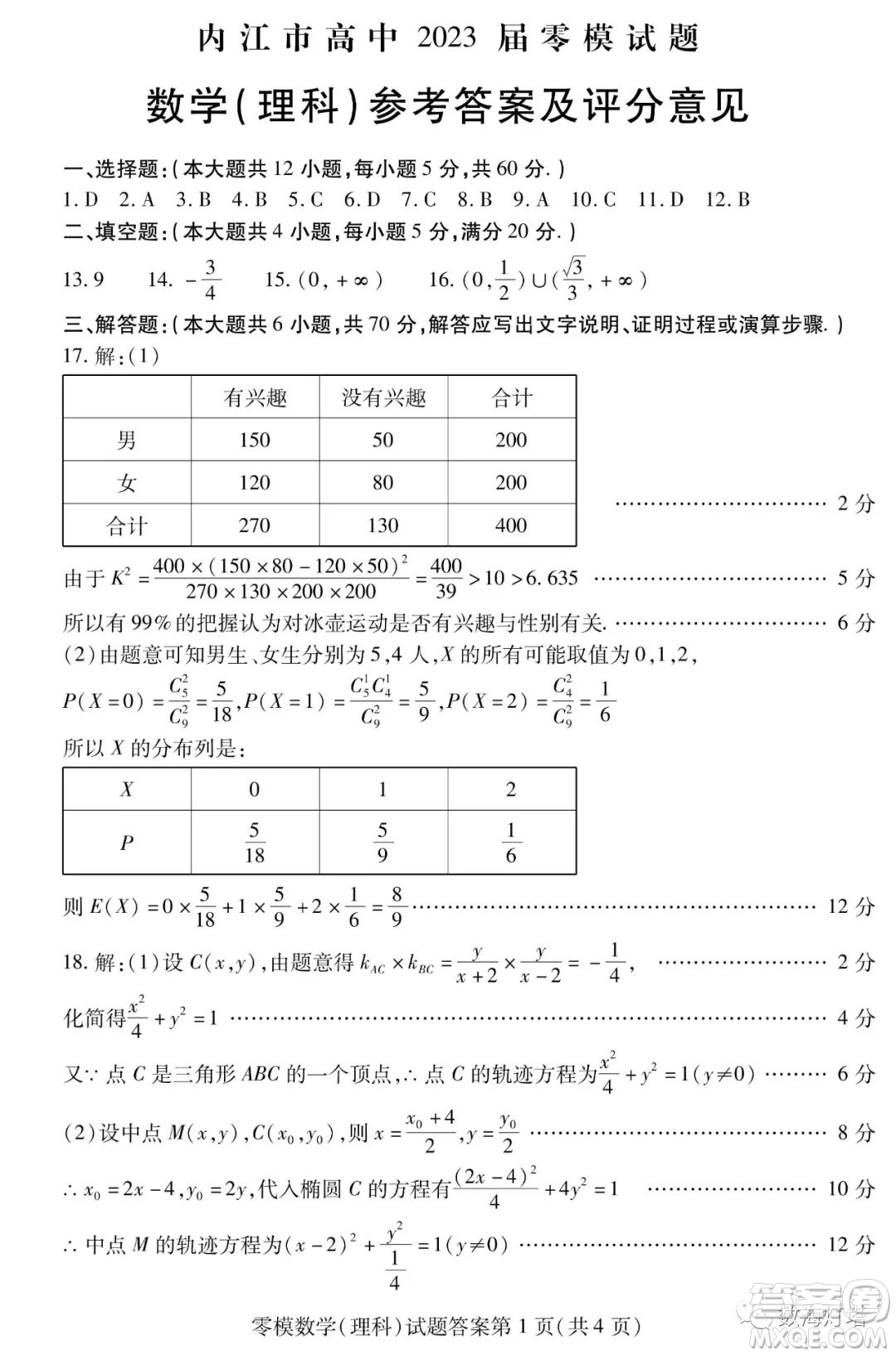 內(nèi)江市高中2023屆零模試題理科數(shù)學(xué)答案