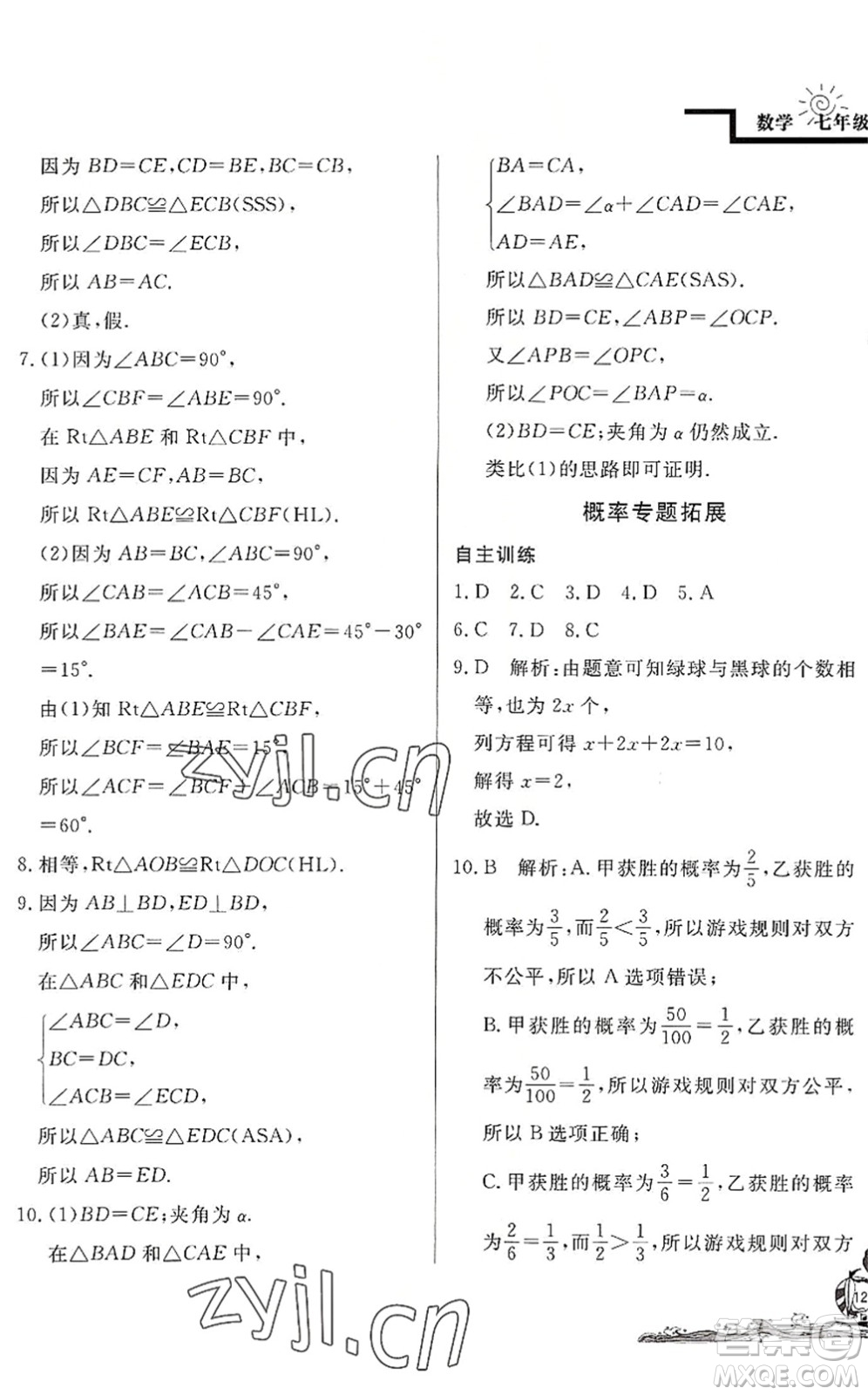 北京教育出版社2022學(xué)力水平快樂假期暑假七年級數(shù)學(xué)BS北師版答案