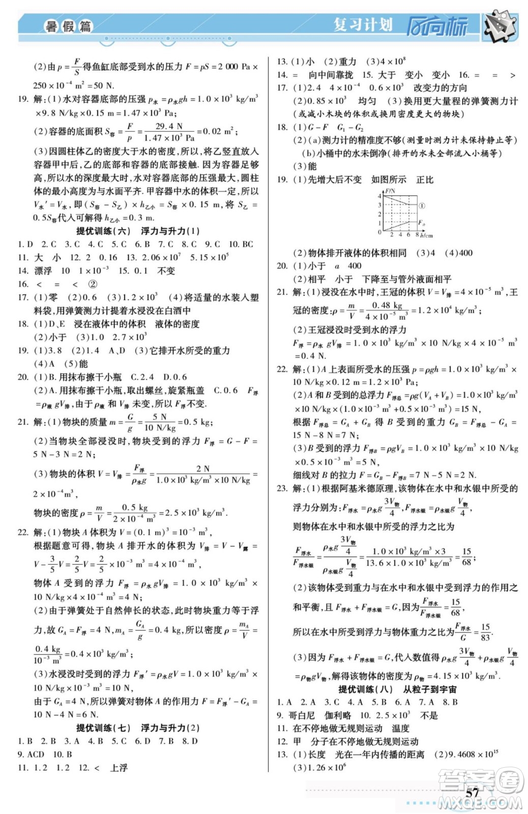陽光出版社2022復(fù)習計劃風向標暑假八年級物理HY滬粵版答案