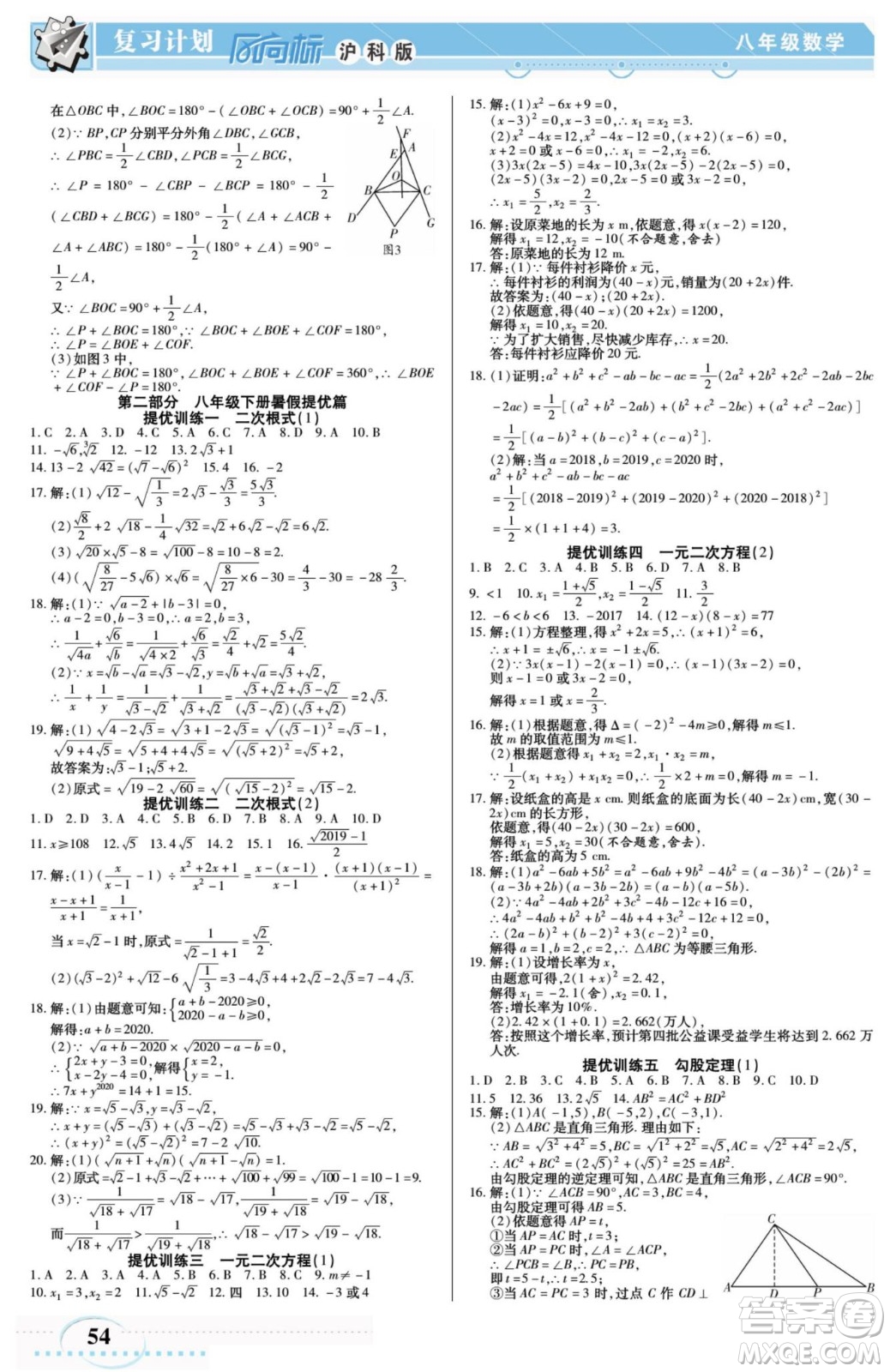 陽光出版社2022復習計劃風向標暑假八年級數(shù)學滬科版答案