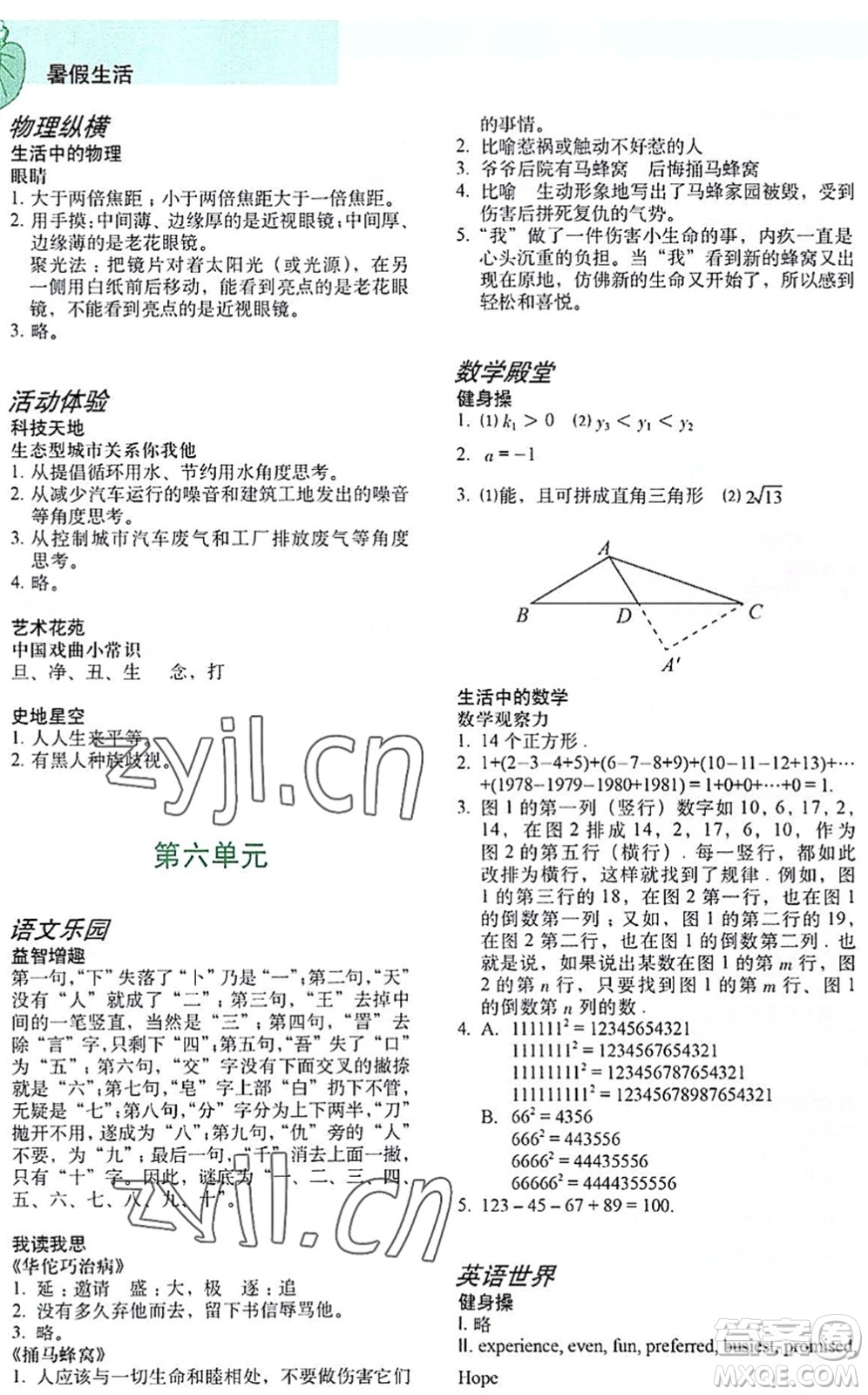 上海教育出版社2022暑假生活八年級(jí)合訂本通用版答案