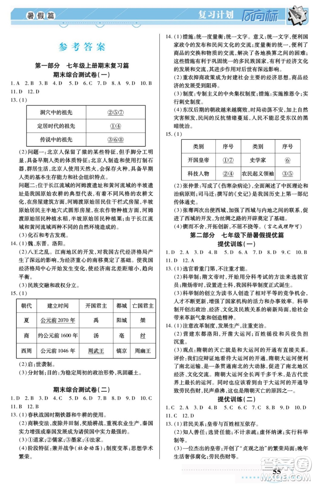 陽光出版社2022復習計劃風向標暑假七年級歷史人教版答案