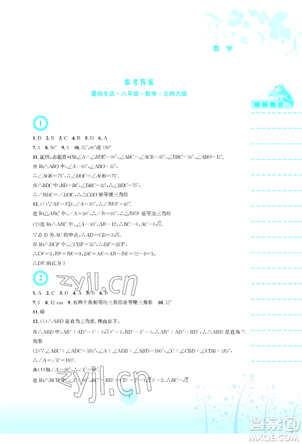 安徽教育出版社2022暑假生活八年級數(shù)學(xué)北師大版參考答案