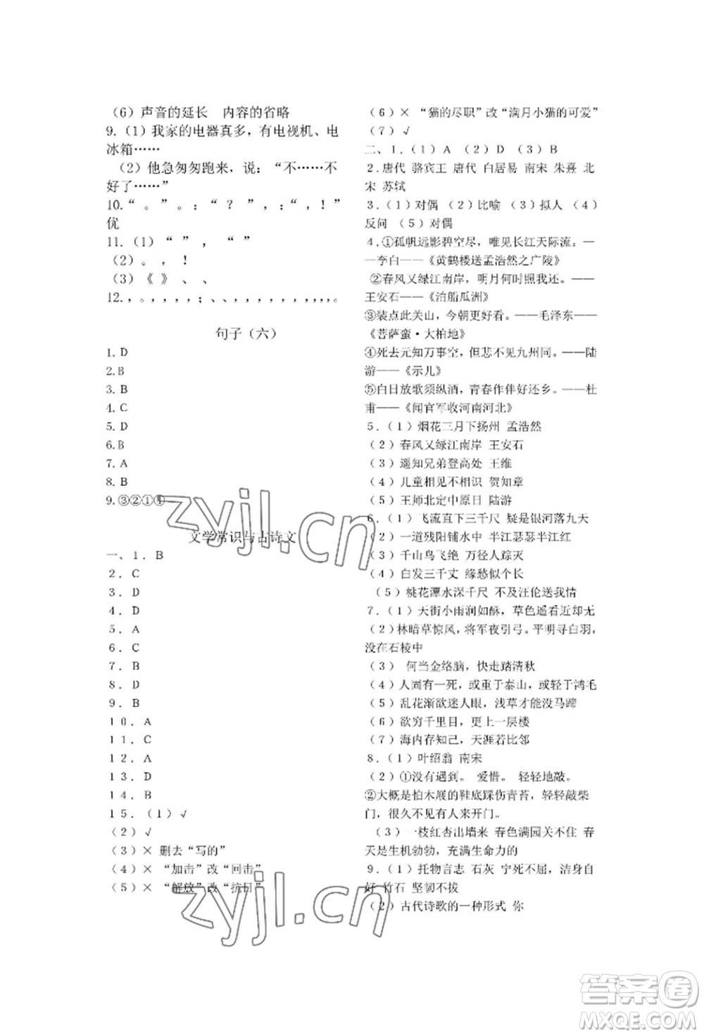 天津科學技術出版社2022期末復習暑假作業(yè)六年級語文通用版參考答案
