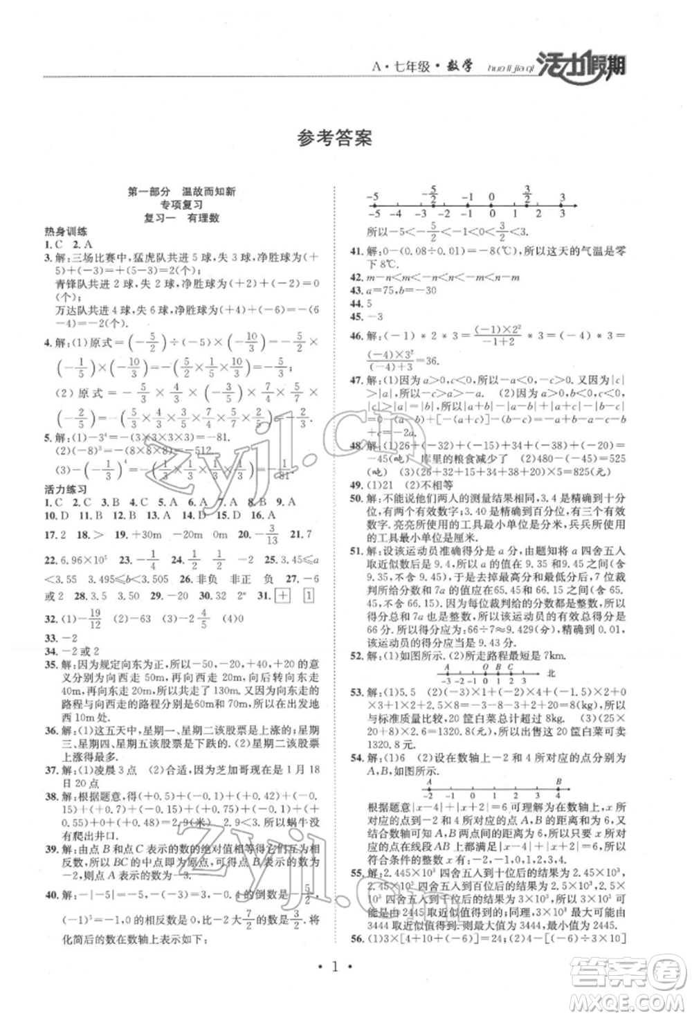 沈陽出版社2022活力假期學(xué)期總復(fù)習(xí)暑假七年級數(shù)學(xué)人教版參考答案