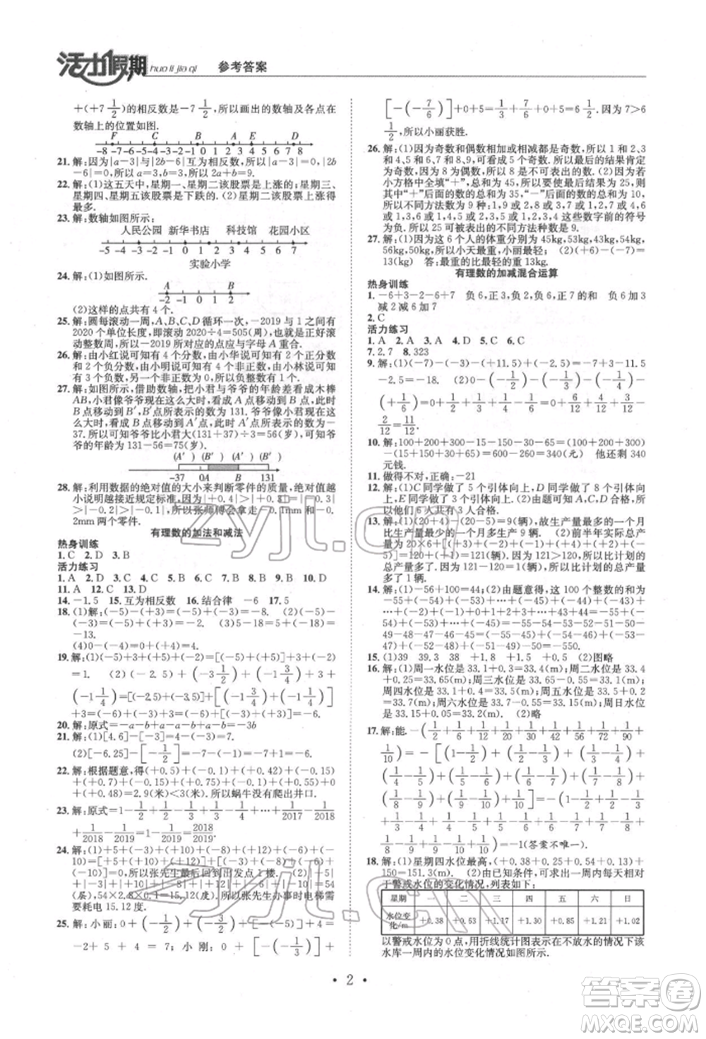 沈陽(yáng)出版社2022活力假期學(xué)期總復(fù)習(xí)暑假七年級(jí)數(shù)學(xué)北師大版參考答案