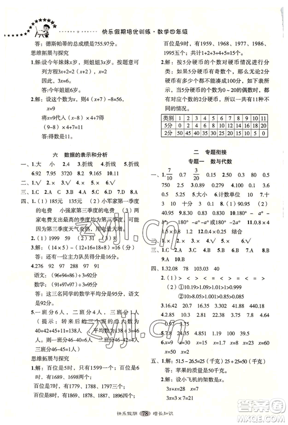 四川大學出版社2022快樂假期走進名校培優(yōu)訓練銜接教材暑假四升五數(shù)學通用版參考答案
