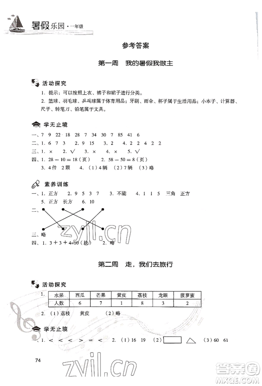 現(xiàn)代教育出版社2022暑假樂園一年級(jí)數(shù)學(xué)人教版參考答案