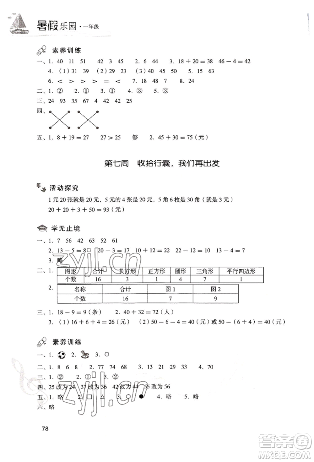 現(xiàn)代教育出版社2022暑假樂園一年級(jí)數(shù)學(xué)人教版參考答案