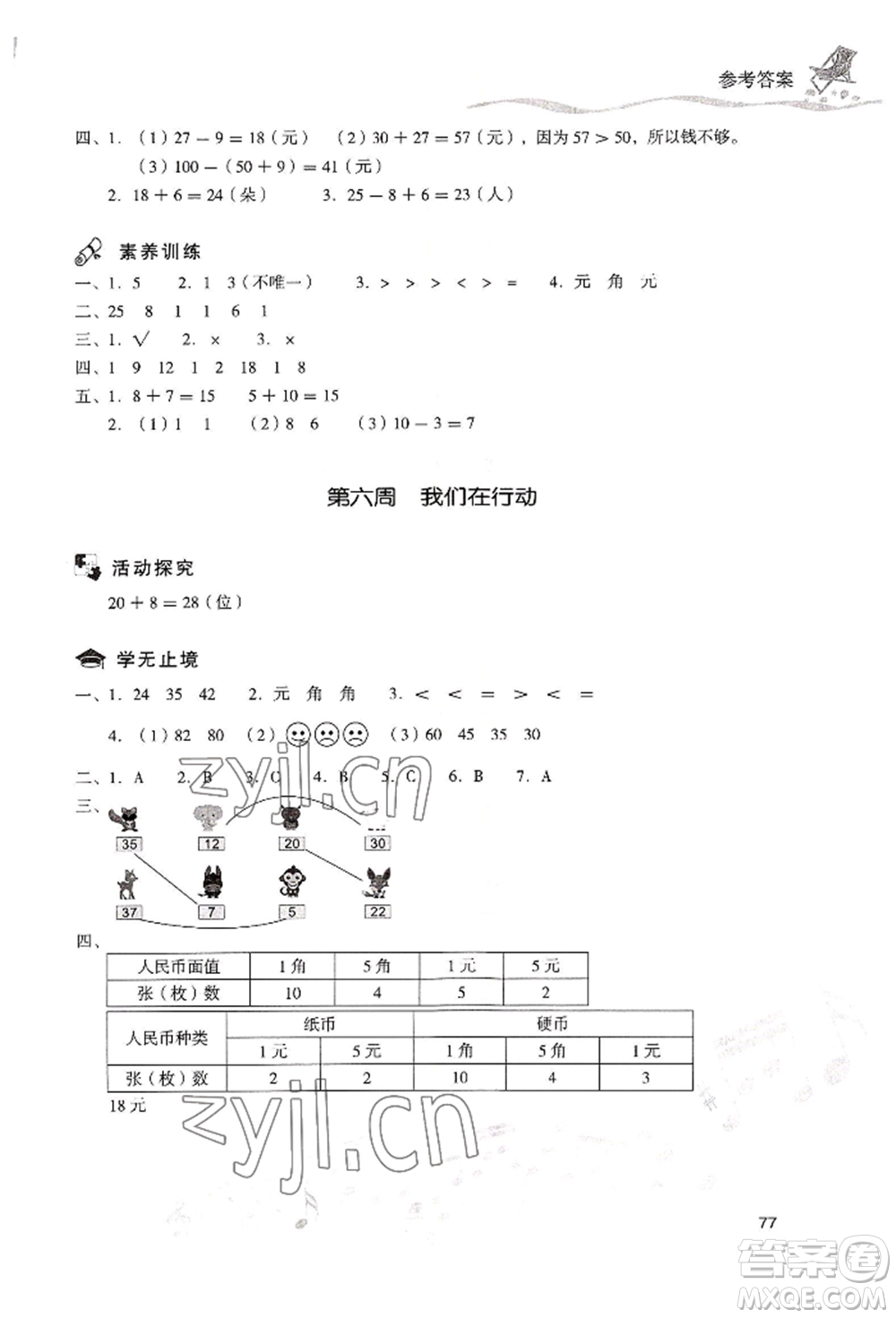現(xiàn)代教育出版社2022暑假樂園一年級(jí)數(shù)學(xué)人教版參考答案