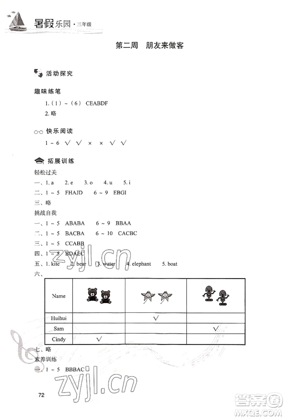 現(xiàn)代教育出版社2022暑假樂(lè)園三年級(jí)英語(yǔ)人教版參考答案
