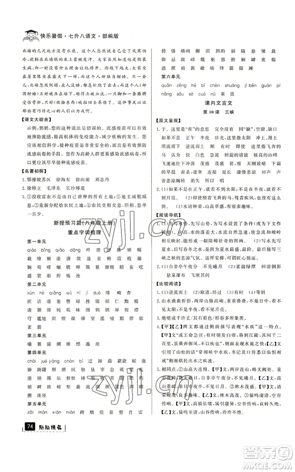 延邊人民出版社2022快樂暑假七升八語文人教版參考答案