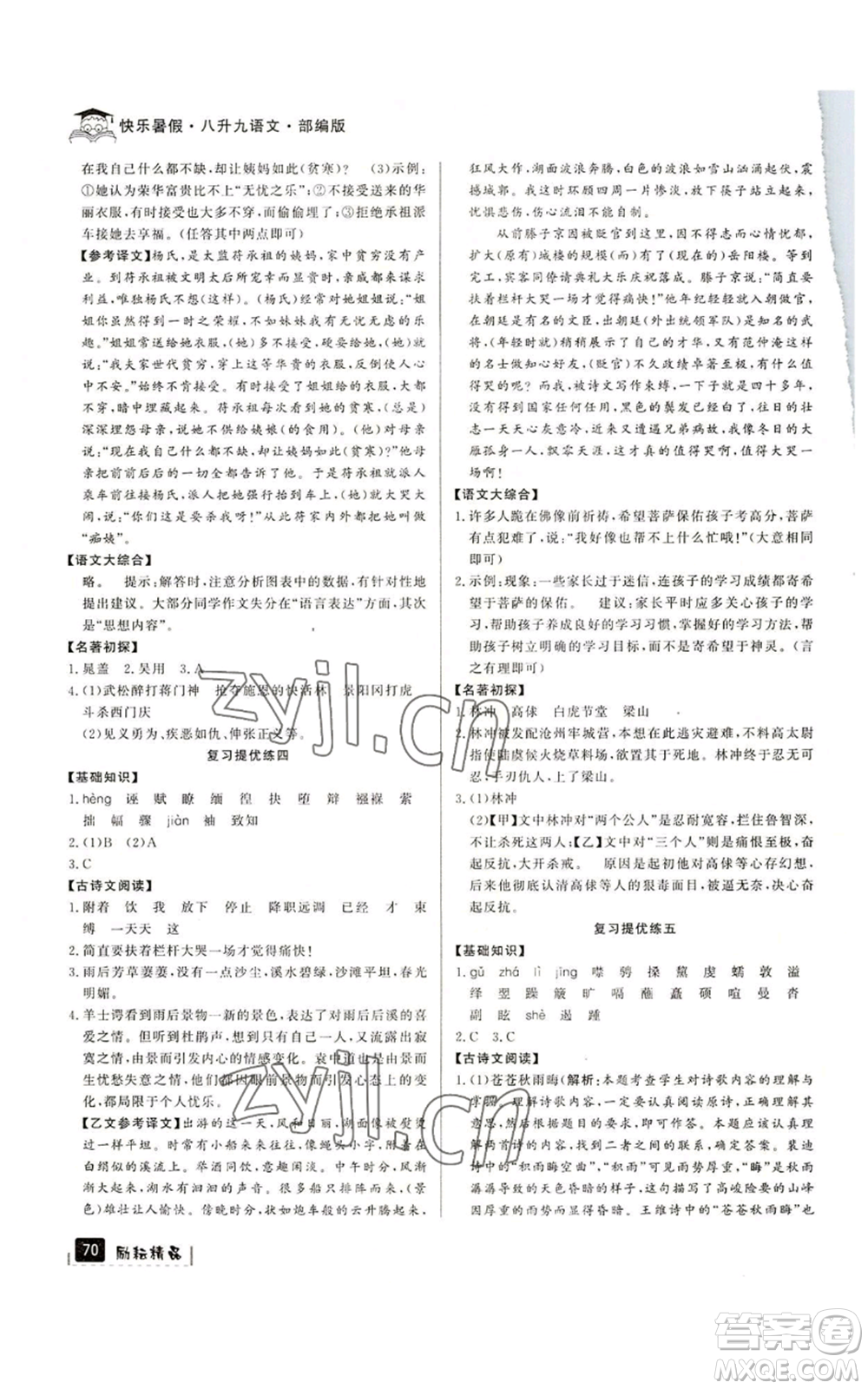 延邊人民出版社2022快樂暑假八升九語文人教版參考答案