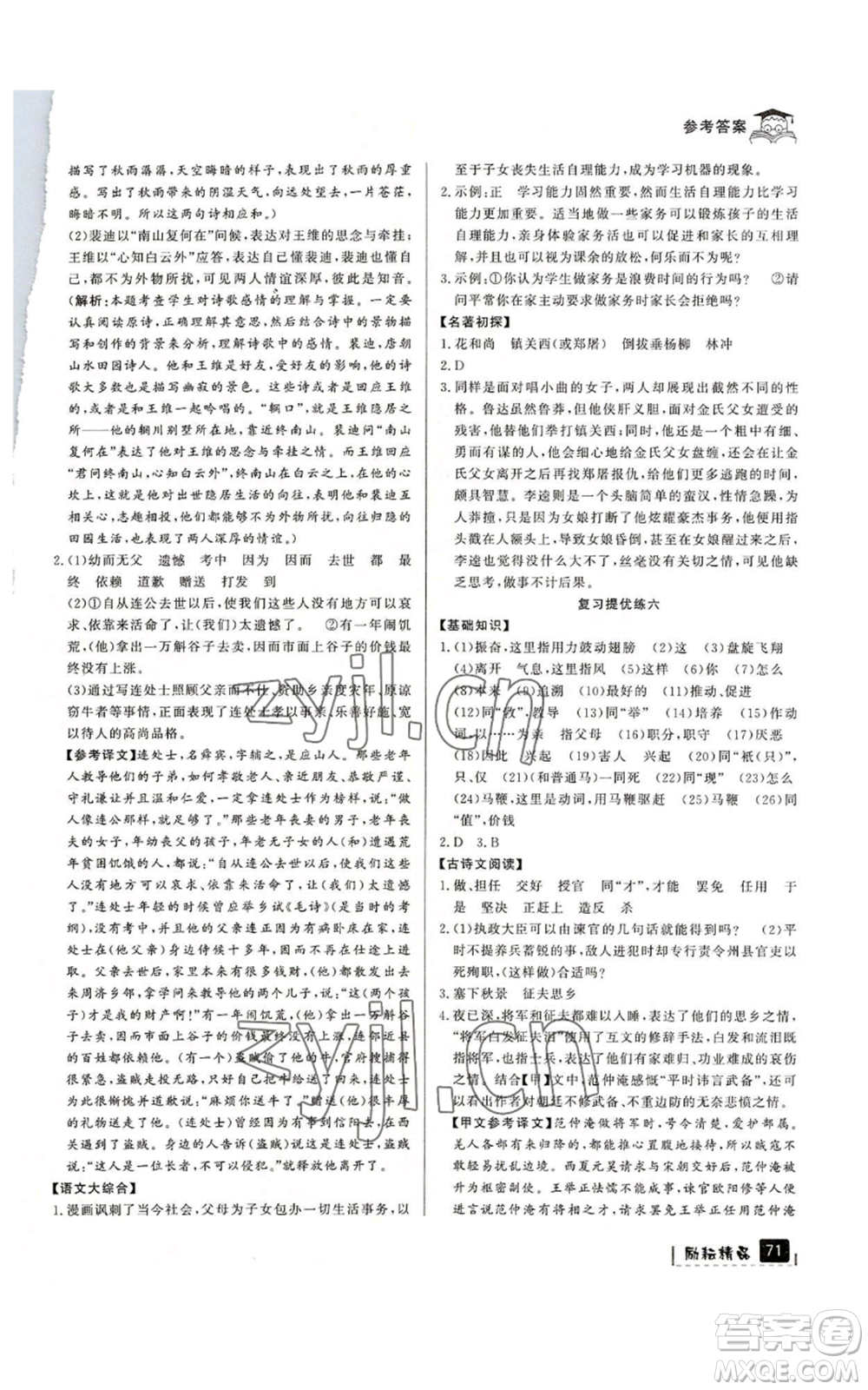 延邊人民出版社2022快樂暑假八升九語文人教版參考答案