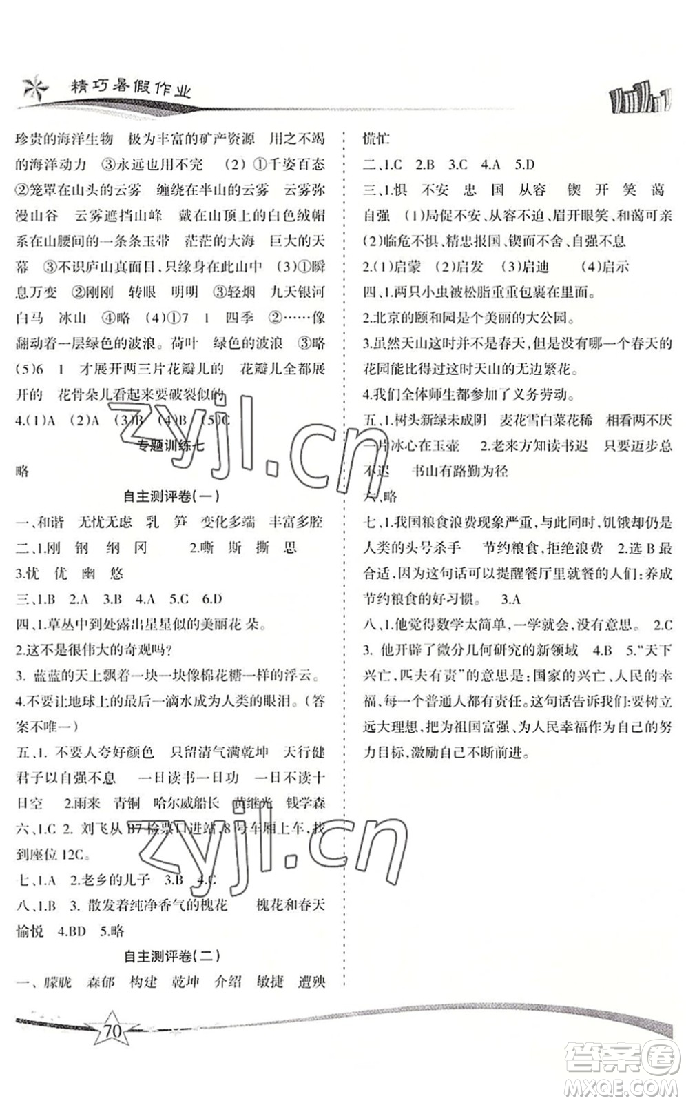 云南美術(shù)出版社2022精巧暑假作業(yè)四年級語文RJ人教版答案