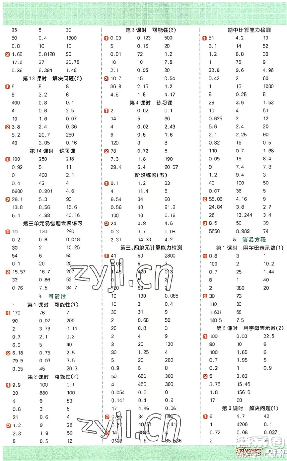 江西教育出版社2022陽光同學(xué)計(jì)算小達(dá)人五年級(jí)數(shù)學(xué)上冊(cè)RJ人教版答案