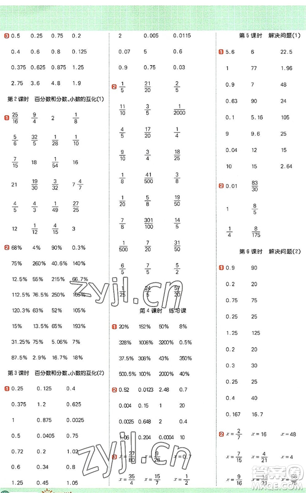 江西教育出版社2022陽光同學(xué)計算小達(dá)人六年級數(shù)學(xué)上冊RJ人教版答案