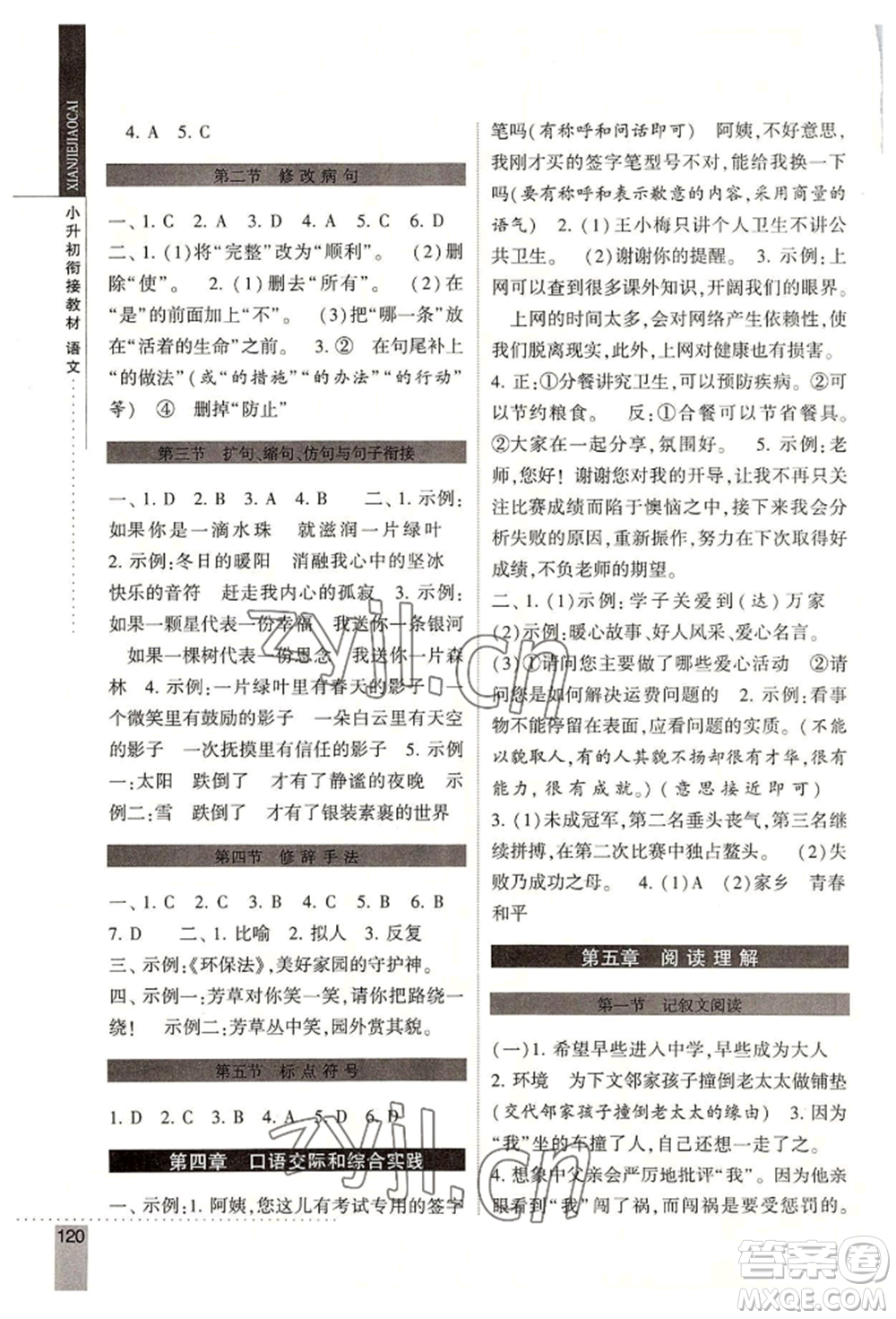 寧夏人民教育出版社2022經(jīng)綸學(xué)典小升初銜接教材六年級語文通用版參考答案