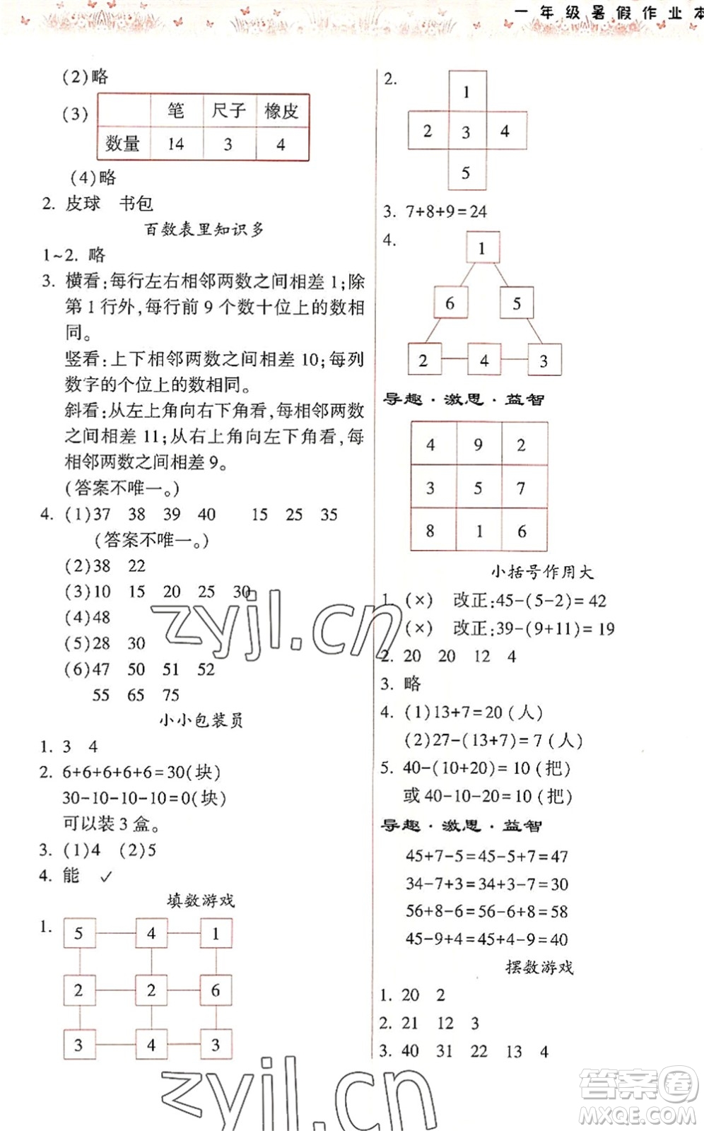 希望出版社2022暑假作業(yè)本天天練小學(xué)一年級數(shù)學(xué)人教版答案