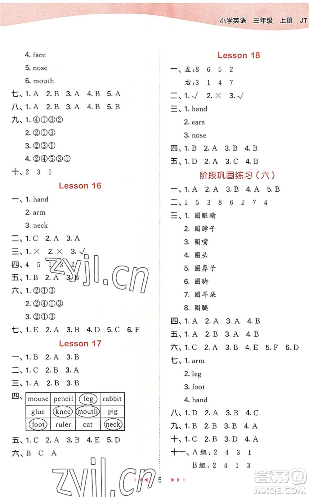 教育科學(xué)出版社2022秋季53天天練三年級(jí)英語(yǔ)上冊(cè)JT人教精通版答案