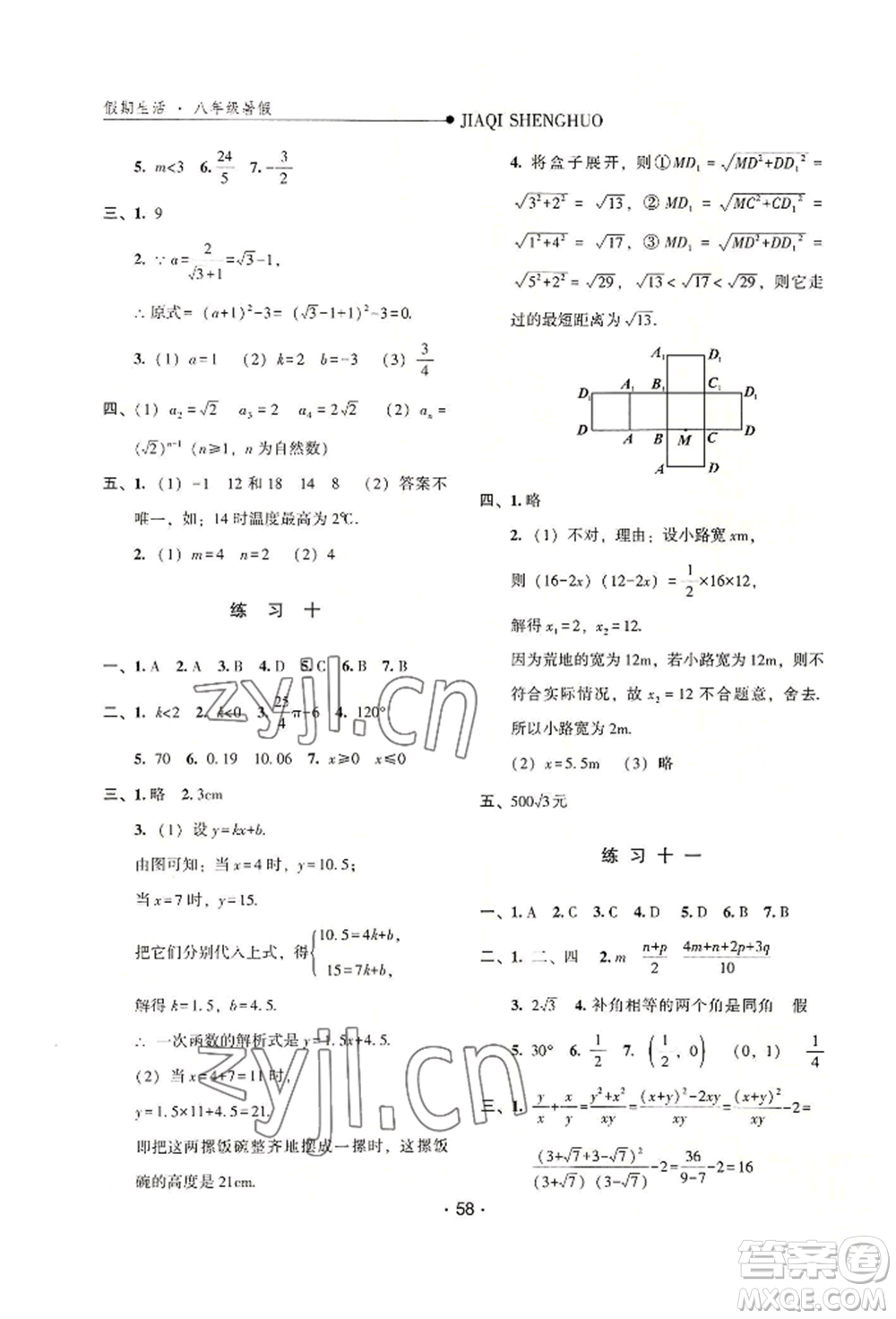 河北人民出版社2022假期生活八年級暑假數(shù)學(xué)通用版參考答案