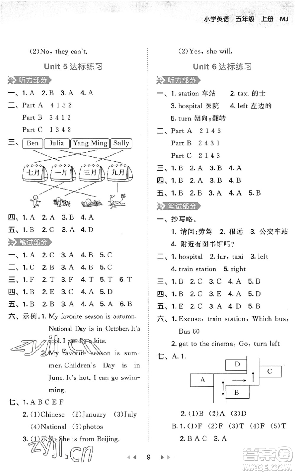首都師范大學(xué)出版社2022秋季53天天練五年級英語上冊MJ閩教版答案