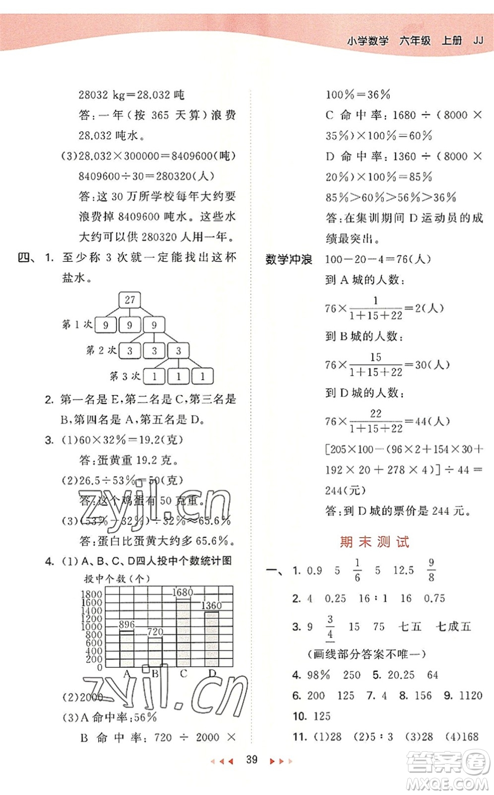 西安出版社2022秋季53天天練六年級數學上冊JJ冀教版答案