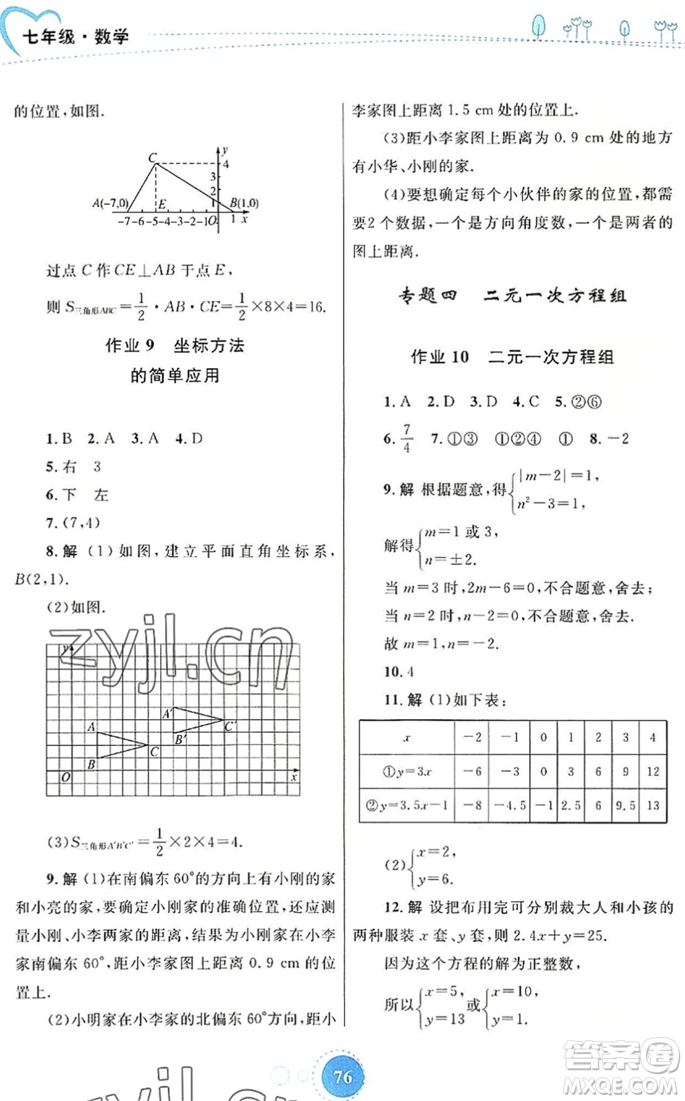 內(nèi)蒙古教育出版社2022暑假作業(yè)七年級數(shù)學通用版答案