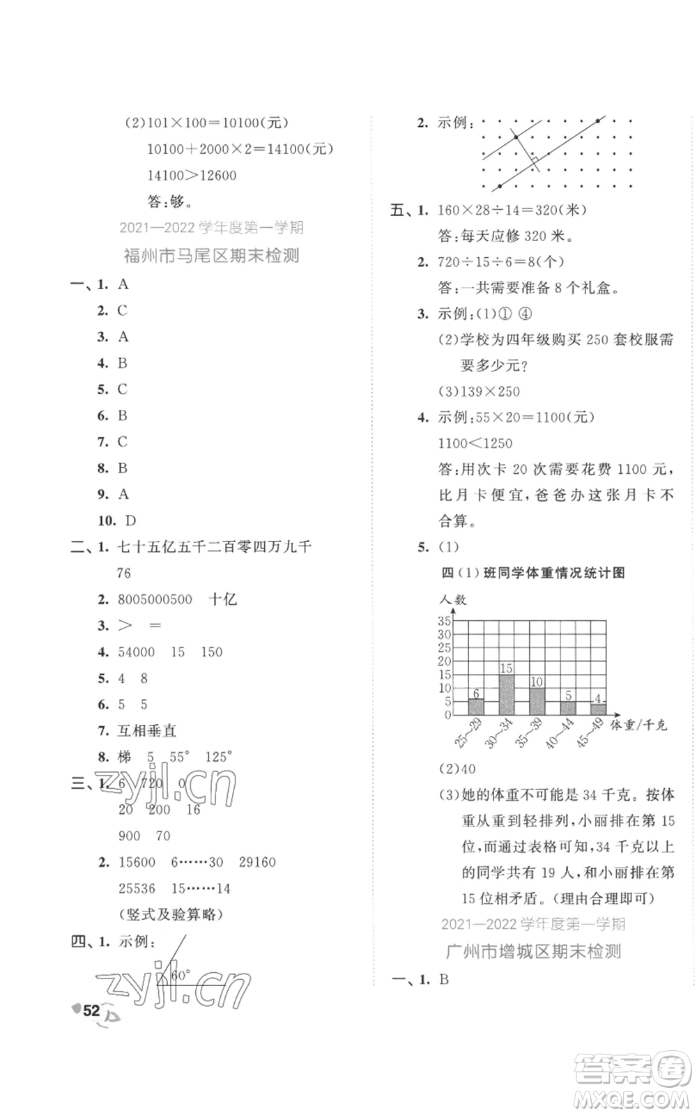 西安出版社2022年53全優(yōu)卷四年級(jí)上冊(cè)數(shù)學(xué)人教版參考答案