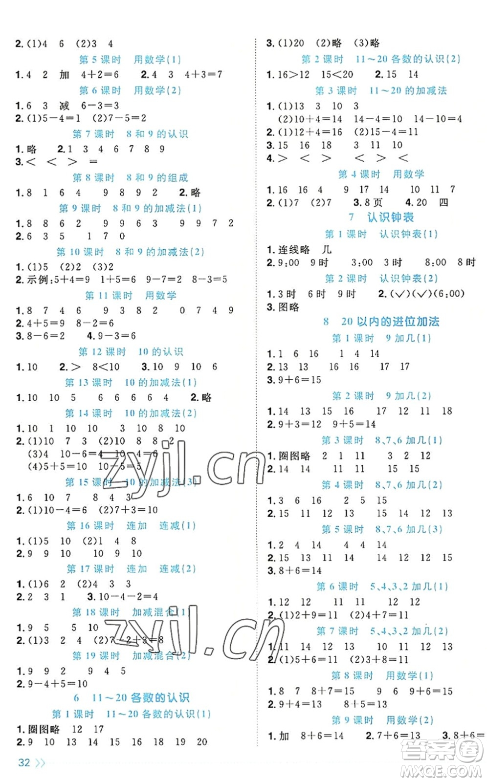 福建少年兒童出版社2022陽光同學(xué)課時優(yōu)化作業(yè)一年級數(shù)學(xué)上冊RJ人教版福建專版答案