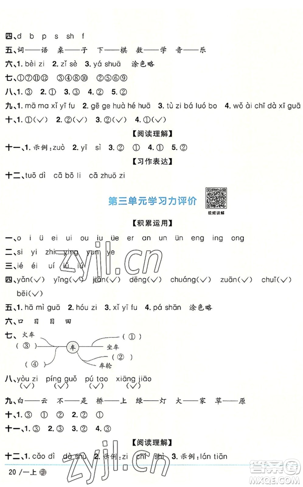 福建少年兒童出版社2022陽光同學(xué)課時(shí)優(yōu)化作業(yè)一年級語文上冊RJ人教版福建專版答案